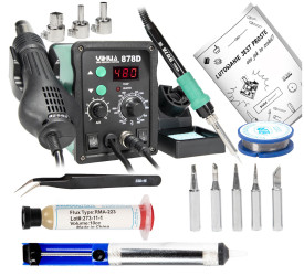 Zestaw stacja lutownicza 878D grot, cyna, topnik, odsysacz, pinceta
