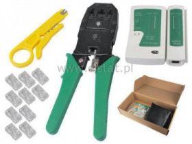 Zestaw - tester kabli + zaciskarka + złącza RJ