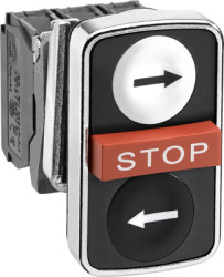Triple pushbutton, labeled arrow/STOP/arrow, unlit, 1 Form A (N/O) + 1 Form B (N/C) + 1 Form A (N/O), waistband rectangular, bla