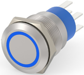 Vandal-proof pushbutton, 2 pole, silver, illuminated  (blue), 5 A/250 VAC, mounting Ø 19.2 mm, IP67, 5-2213764-7