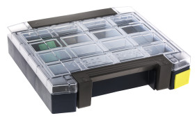 Skrzynka z przegródkami l. przedziałów: 9 szerokość: 241mm wysokość: 55mm głębokość: 225mm PC, PP Niebieski