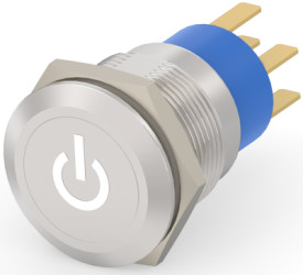 Vandal-proof pushbutton switch, 2 pole, silver, illuminated  (white), 0.4 A/250 VAC, mounting Ø 19.2 mm, IP67, 6-2213766-2