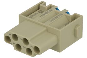 Gniazdo; Han E Quick-Lock; 09140062733; 6 torów; poliwęglan; proste; zatrzaskowy; 16A; 500V; szary; srebrzone; 0,5÷2,5mm2; Harti