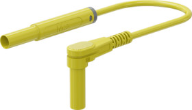 Safety measuring lead with (4 mm lamella plug, straight) to (4 mm lamella plug, angled), 1 m, yellow, PVC, 1.0 mm², CAT III, CAT