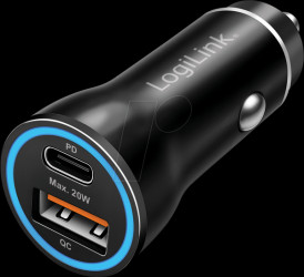 PA0392 USB-Ladegerät, 20 W, 1x USB-C PD, 1x USB-A QC, Kfz, schwarz