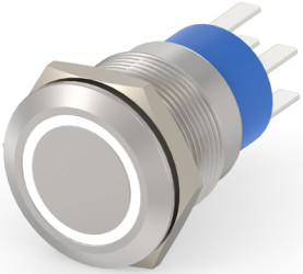 Vandal-proof pushbutton, 2 pole, silver, illuminated  (white), 5 A/250 VAC, mounting Ø 19.2 mm, IP67, 4-2213764-3