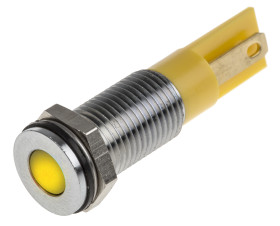 Lampka kontrolna do montażu panelowego 12V dc, Żółta 8mm LED Chrom Faston, oczko lutownicze RS PRO