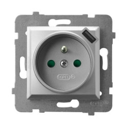 ARIA Gniazdo z/u przesłoną z ładowarką USB srebro GP-1UZPUSB/m/18