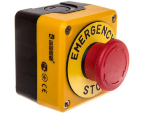 Kaseta sterownicza czarno-żółta stop bezpieczeństwa, ryglowany 40 mm (1NC) z tabliczką opisową Emergency Stop, T0-P1EC400E40K
