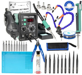 Zestaw stacja lutownicza 878D grot, cyna, topnik, odsysacz, pinceta, uchwyt, mata, cążki