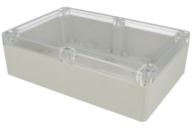 Obudowa; uniwersalna; ZP210.140.60JpH-TM; poliwęglan; 140mm; 210mm; 60mm; jasnoszary; z tulejkami mosiężnymi; panel przezroczyst