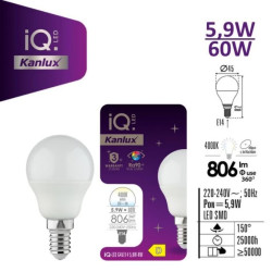 Żarówka LED E14 IQ-LED G45E14 5,9W-NW 806lm 4000K barwa neutralna Ra90 3 lata Gwarancji kulka36695