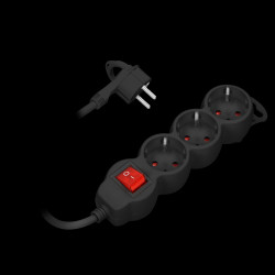 Przedłużacz 3-krotny 2P+Z (Schuko) z wyłącznikiem. 1.5m H05VV-F 3x1.0mm2. Imax 10A. płaska wtyczka. czarny ORAE13146(GS)/B/1,5M