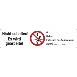 Security badge, text: "Es wird gearbeitet", (W) 105 mm, plastic, 080.18-9-26X105-D, package with 10 pieces