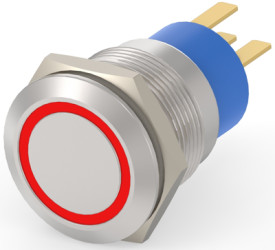Vandal-proof pushbutton, 1 pole, silver, illuminated  (red), 0.4 A/250 VAC, mounting Ø 19.2 mm, IP67, 2213767-6