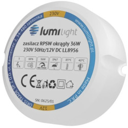 Zasilacz do puszki instalacyjnej, IP67, średnica 55mm, głębokość 22mm, 12V 3A 36W uniwersalny Lumilight