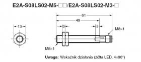 E2A-S08LS02-M5-B1, Czujnik indukcyjny, M8x1, PNP/NO, sr=2mm złącze M8x1, dł. obudowy 61mm, czoło zakryte, obudowa ze stali szlac