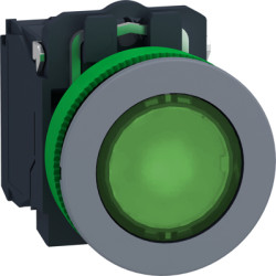 Pushbutton, for universal LED, illuminable, 1 Form A (N/O) + 1 Form B (N/C), waistband round, green, front ring light gray, moun