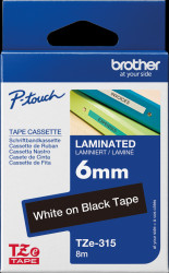 TZE-315 Laminated labelling tape, white on black, 6 mm