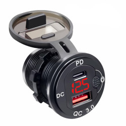 ŁADOWARKA USB-C PD USB QC3.0 czerwony LED aluminium 12/24V woltomierz