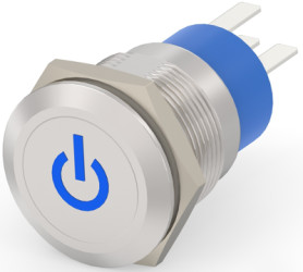 Vandal-proof pushbutton switch, 1 pole, silver, illuminated  (blue), 5 A/250 V, mounting Ø 19.2 mm, IP67, 3-2213766-9