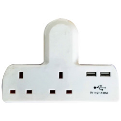 Dencon 1695 T-shape Socket 2 Way Adaptor 13A Fused with USB