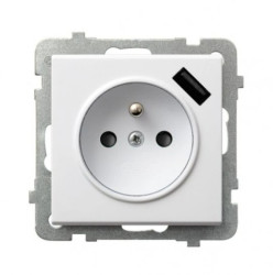 SONATA Gniazdo pojedyncze z uziemieniem z przesłonami torów prądowych, z ładowarką USB biały mat GP-1RZPUSB/m/75