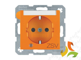 BERKER B.KWADRAT Gniazdo z uziemieniem schuko z przesłonami lampką kontrolną i polem opisowym nadruk "ZSV" pomarańczowy połysk 4