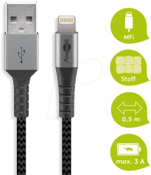 49267 Sync and charging cable, USB-A > Lightning, 0.5 m, textile, blac