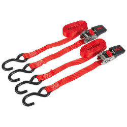 Sealey TD284SD Ratchet Tie Down 25mm x 4m Polyester Webbing &#x2B; S Hooks 800kg Pair