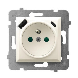 ARIA Gniazdo pojedyncze z uziemieniem z przesłonami torów prądowych, z ładowarką USB A+C ecru GP-1UZPUSBAC/m/27