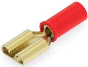Insulated flat plug sleeve, 6.35 x 0.81 mm, 0.26 to 0.96 mm², AWG 22 to 18, brass, tin-plated, red, 55675-1