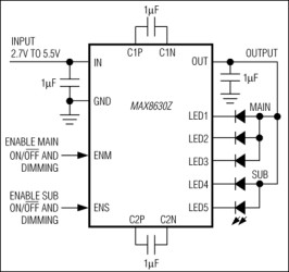 125mA 1x/1.5x Charge Pumps for 5 White LEDs in 3mm x 3mm TDFN
