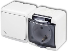 JUNIOR IP54 Wyłącznik schodowy z gniazdem pojedynczym z uziemieniem schuko (klapka dymna: bez przesłon) biały WGHH-3sd KARLIK