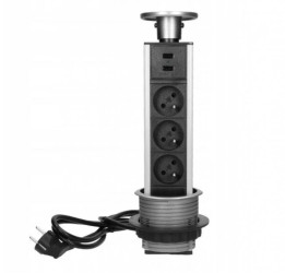 Gniazdo meblowe wysuwane z blatu potrójne 3x 230V 2P+Z + 2x USB-A z maskownicą i przewodem 1,8m INOX Virone