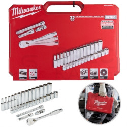 Zestaw nasadek metrycznych 5-15mm 3/8" z grzechotką i akcesoriami w walizce 32 elementy MILWAUKEE