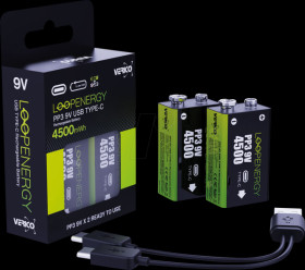 1UDBT-A3WEB2-NN Lithium-ion battery, 9-V block, 7.4 V, 500 mAh, USB-C, pack of 2