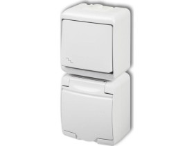 JUNIOR IP54 Wyłącznik schodowy z gniazdem pojedynczym z uziemieniem schuko (klapka biała: przesłony torów prądowych) biały WGHP-