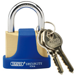 Draper 64165 42mm Solid Brass Padlock &amp; 2 Keys w Hardened Steel Shackle &amp; Bumper