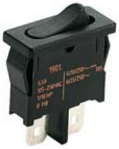 Rocker switch, black, 1 pole, On-Off, off switch, 6 (2) A/250 VAC, 4 (1) A/250 VAC, IP40, unlit, printed, 1911.1104