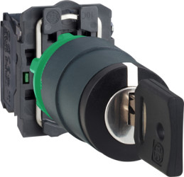 Key switch, unlit, latching, 2 Form A (N/O), waistband round, black, front ring black, 3 x 45°, mounting Ø 22 mm, XB5AG33