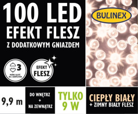 Lampki choinkowe Flesz LED 100l z gniazdkiem, biały ciepły 9,9m 230V/31V 9W IP44 na zewnątrz i do wnętrz 13-138