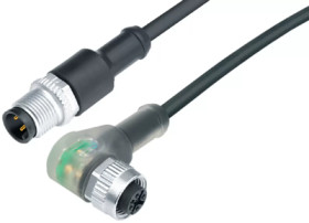 Sensor actuator cable, M12-cable plug, straight to M12-cable socket, angled, 3 pole, 1 m, PUR, black, 4 A, 77 3634 3429 50003-01