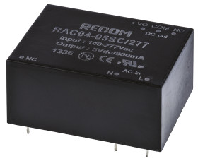 Zasilacz impulsowy nap. wyjściowe: 5V dc 4W 800mA 1 wyjście nap. wejściowe: 80 → 305V ac Do montażu na płytce