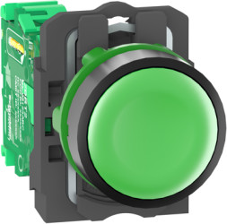 Pushbutton, with transmitter, unlit, groping, waistband round, green, front ring black, mounting Ø 22 mm, ZB5RTA3
