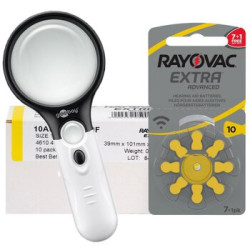 96 x baterie do aparatów słuchowych Rayovac Extra Advanced 10 MF + lupa z podświetleniem LED Goobay 41255