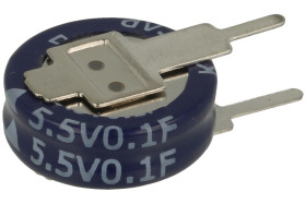 Kondensator; elektrolityczny; podtrzymania napięcia; 0,1F; 5,5V; 20%; 4,5x12x12mm; 4,2mm; pionowy; przewlekany (THT); -25...+70°