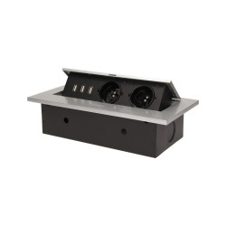Gniazdo meblowe wpuszczane w blat z grubym rantem. 2x2P+Z. 3 porty USB. srebrne OR-AE-1324/G