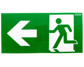 Piktogram PS24 125x250 strzałka lewo człowiek w drzwiach logo awex (ISO7010)