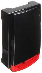 Sygnalizator zewnętrzny w czarnej obudowie, optyczno-akustyczny, diody LED, światło czerwone, przetwornik piezoelektryczny, 115d